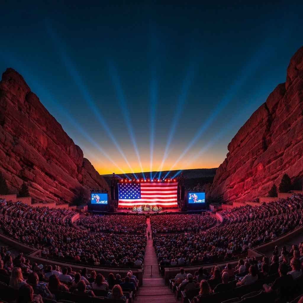 Red Rocks Amphitheatre with American flag